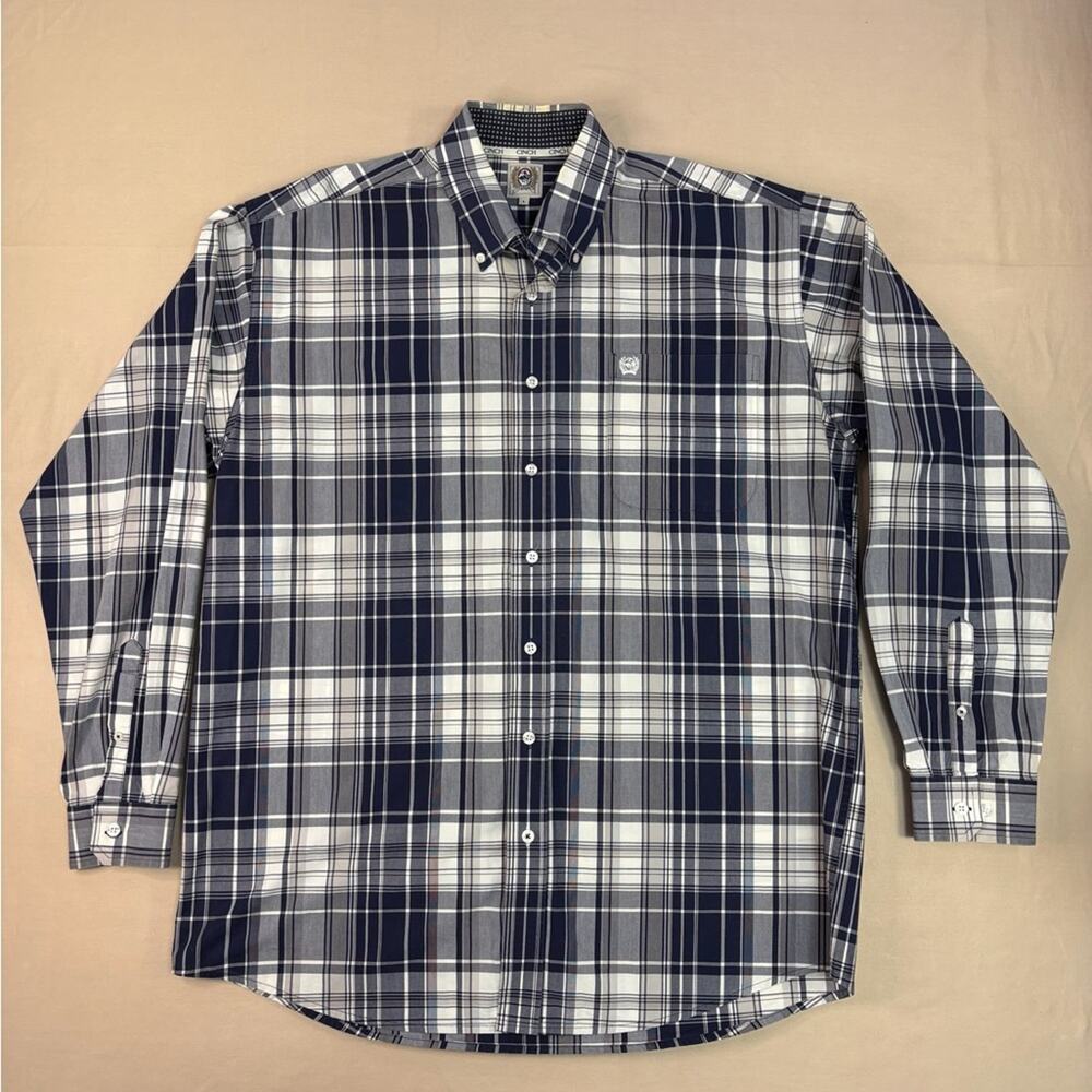 Cinch Navy and White Plaid Long Sleeve Button Down Shirt Size Large